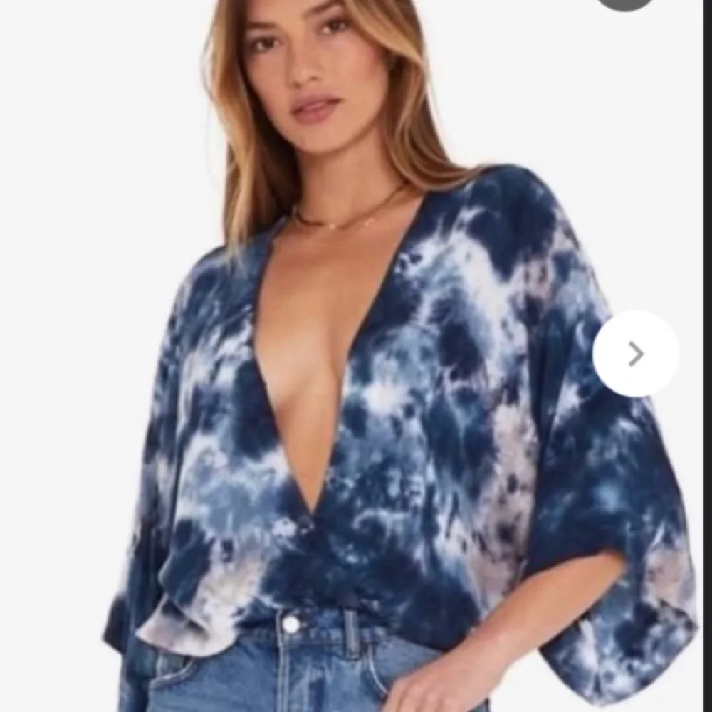 Revolve Young, broke and fabulous blue tie died Tia blouse cross front - Picture 2 of 6